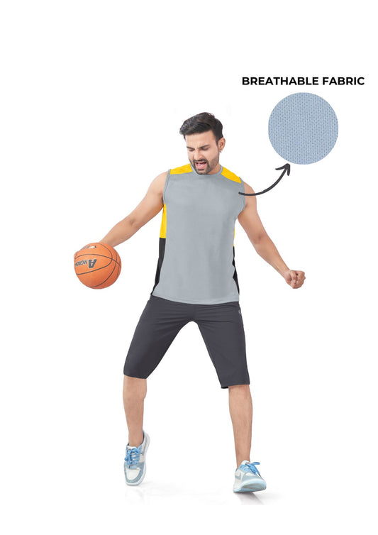 Premium Sports Vest Rice Knit Breathable Fabric Color Block Pattern (Yellow , Grey & Black)